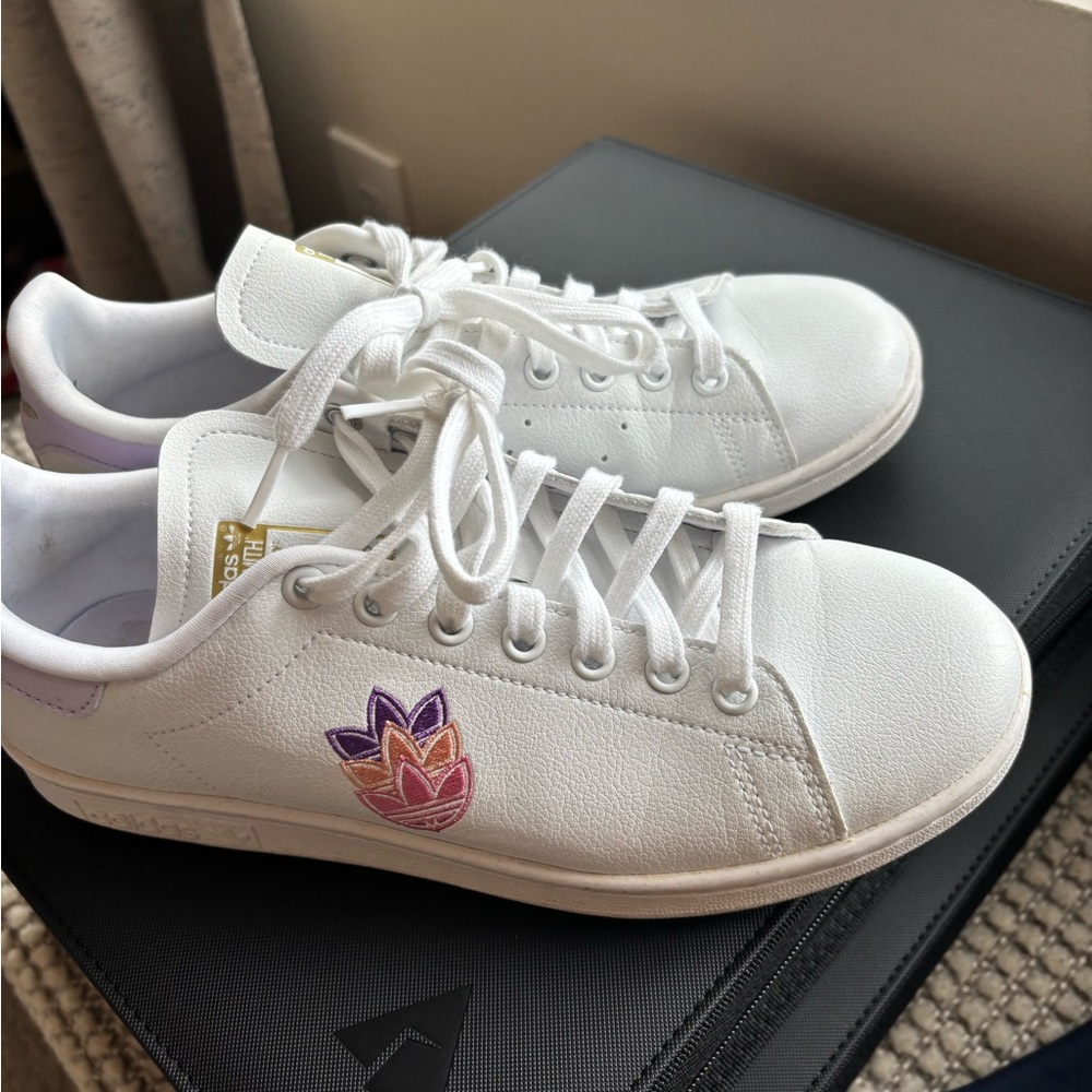 Adidas White and Purple Sneakers with Custom Design Stan Smith